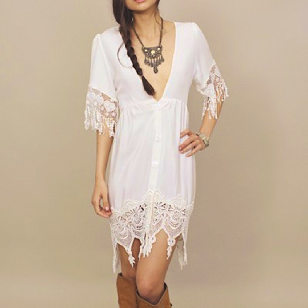 Stone Cold Fox Jade Mini Dress White Silk Embroidered Lace Babydoll Button RARE
